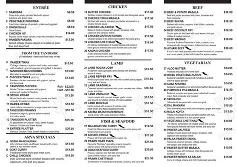 Menu At Arya Indian Restaurant Narre Warren South