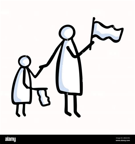 Mother And Child Stick Figure People Waving Flag Hand Drawn Isolated