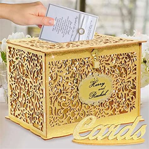 Ourwarm Gold Wedding Card Box For Wedding Reception Glittery Wooden Card Boxes With Lock T