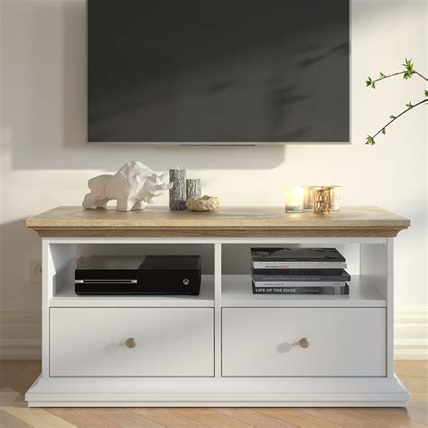 TV Unit - 2 Drawers 2 Shelves In White Oak