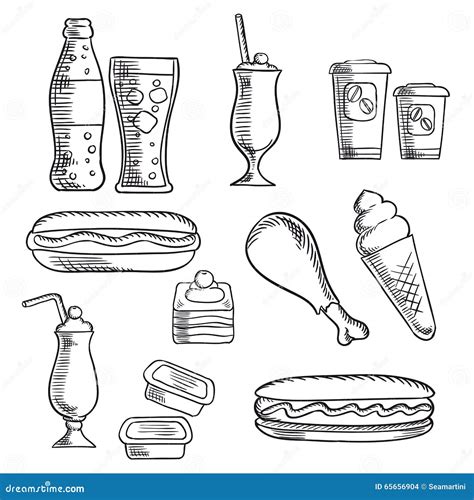 Fast Food With Dessert And Drinks Sketch Icons Stock Vector