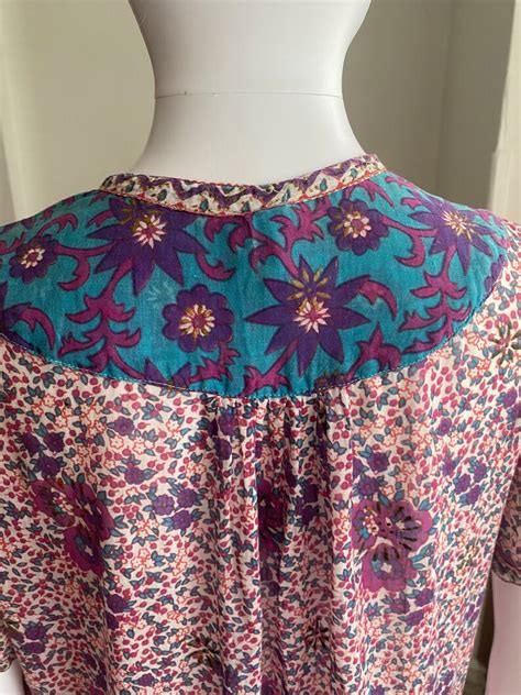 Vintage S S Adini Indian Cotton Gauze Floral Block Print Smock