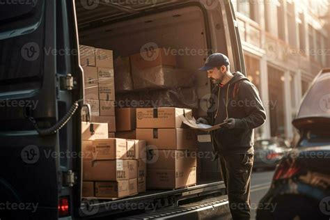 A Man Loading A Van Loading Boxes With An Unloading Truck With