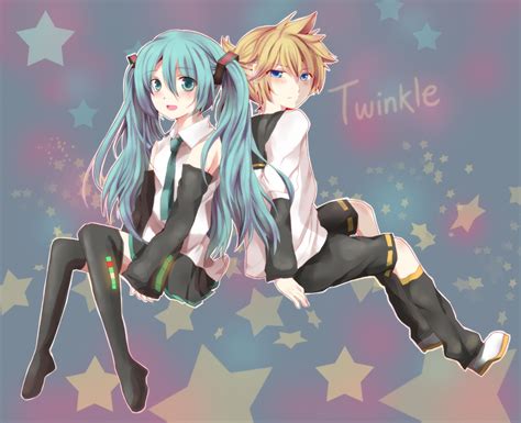 Aqua Eyes Aqua Hair Blonde Hair Blue Eyes Hatsune Miku Kagamine Len