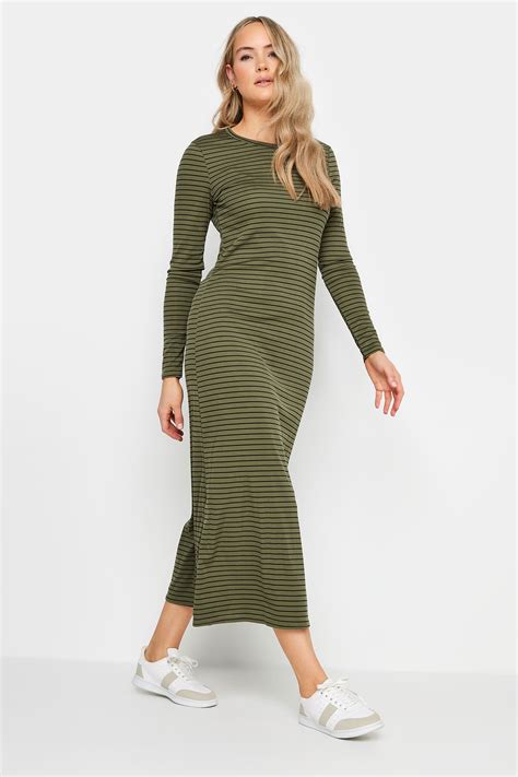 LTS Tall Womens Khaki Green Black Stripe Ribbed Midi Dress Long