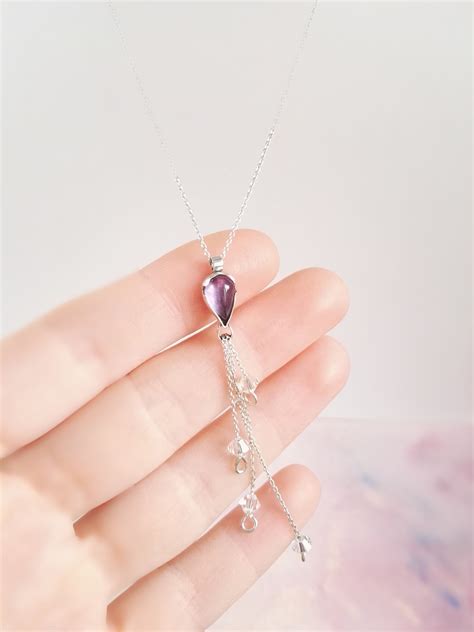 Amethyst Lariat Necklace Dainty Silver Pendant Necklace Etsy Purple