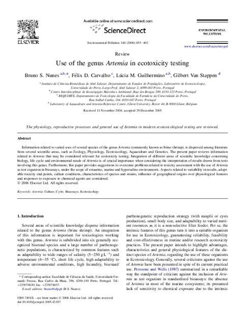 (PDF) Use of the genus Artemia in ecotoxicity testing