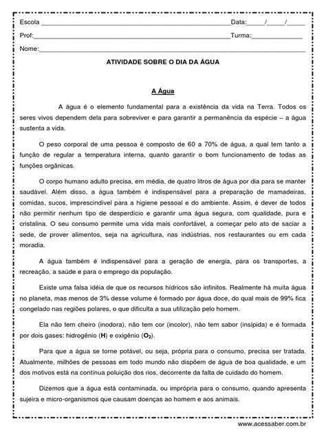 Atividade Sobre A Importancia Da Agua 5 Ano - Atividade-De-Ciencias-A-Importancia-Da-Agua 5º ANO | PDF | Água | Natureza