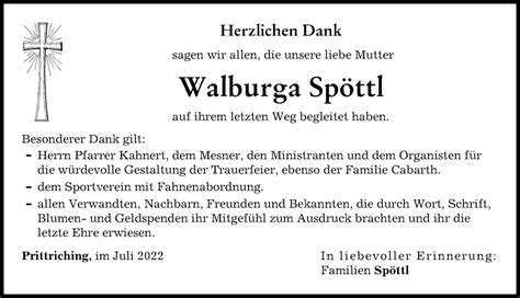 Traueranzeigen Von Walburga Sp Ttl Augsburger Allgemeine Zeitung