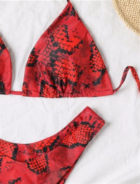 Snakeskin Print Triangle Halter Highcut Bikini Swinsuit Red Black Size