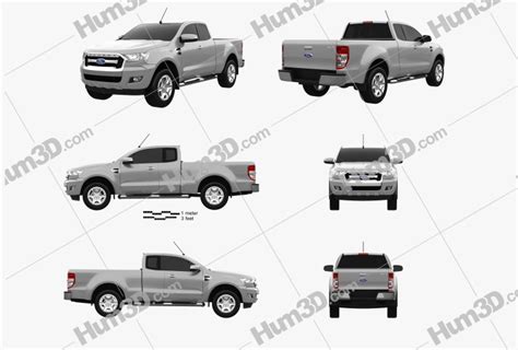 Ford Ranger Super Cab XLT 2018 Blueprint Template - 3DModels.org