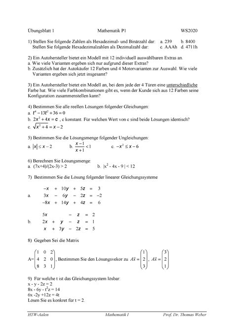 Uebung M Bungsaufgaben In Der Vorlesung Mathe Htw Aalen