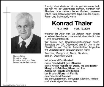 Traueranzeigen Von Konrad Thaler Trauer Bz