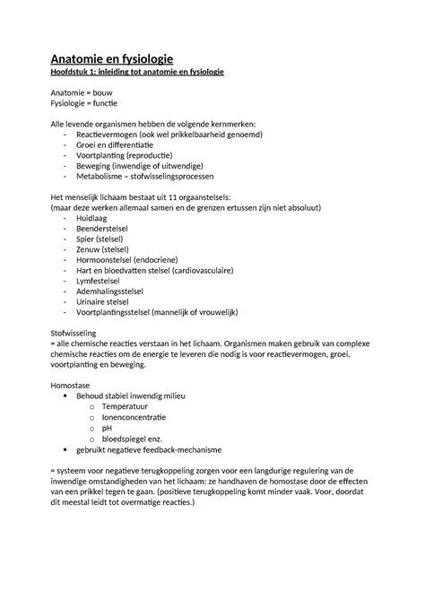 Hoofdstuk 1 En 4 Anatomie En Fysiolgie Anatomie En Fysiologie