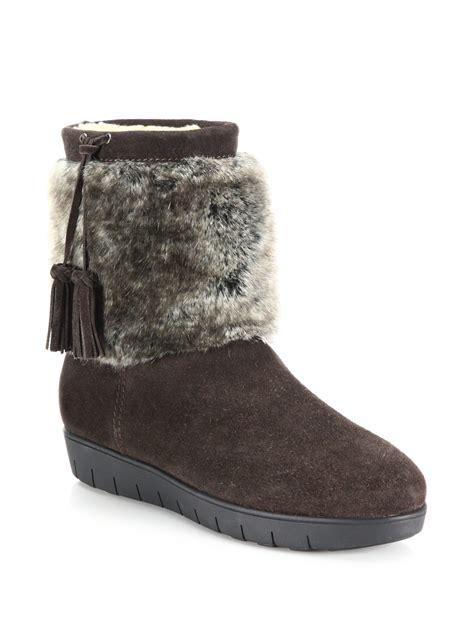 Lyst Aquatalia Wilona Suede And Faux Fur Ankle Boots In Brown