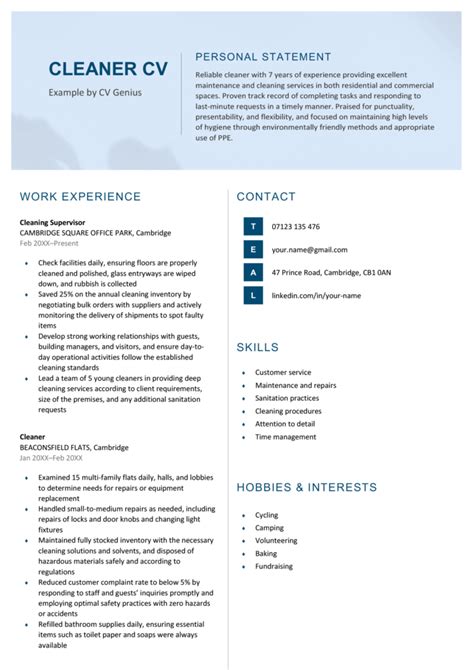 Cleaner CV Example Template Writing Guide For 2025