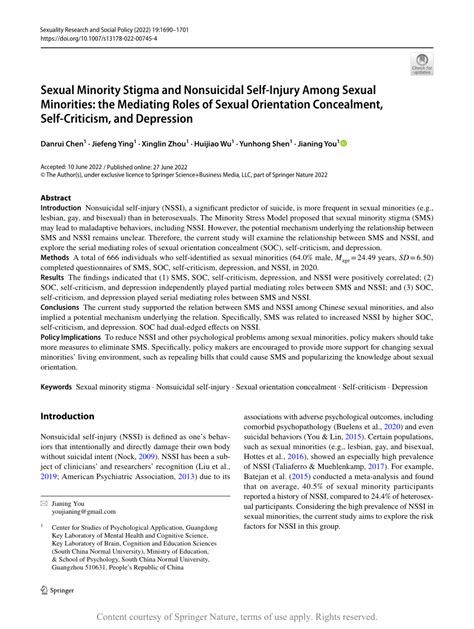 Sexual Minority Stigma And Nonsuicidal Self Injury Among Sexual Minorities The Mediating Roles