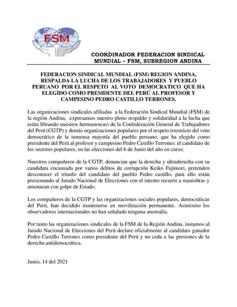 Federacion Sindical Mundial Fsm Region Andina Respalda La Lucha De