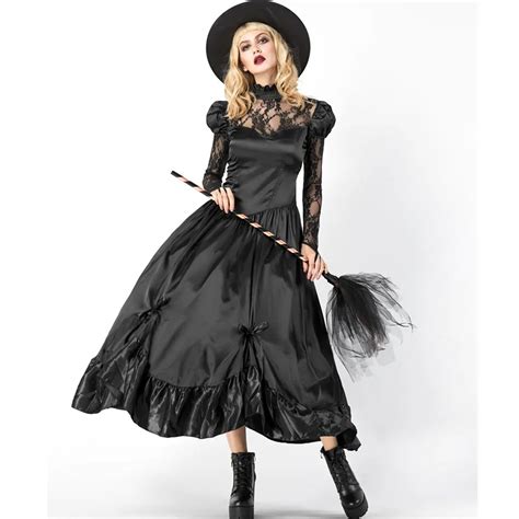 Sexy Witch Costume Adult Women Magic Moment Costume Witch Black Lace Dress Gown Robe Copsay