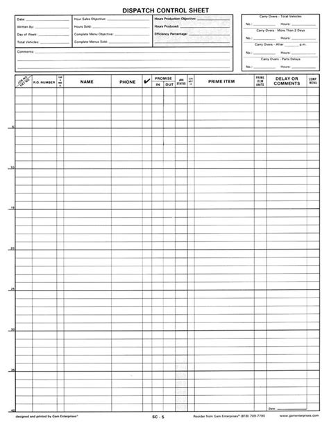 Sc 5 Dispatch Control Sheet Gam Enterprises Automotive Supplies