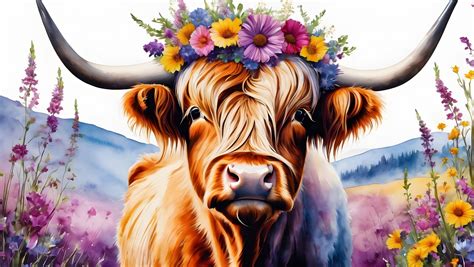 Highland Cattle With Flowers Free Stock Photo Public Domain Pictures