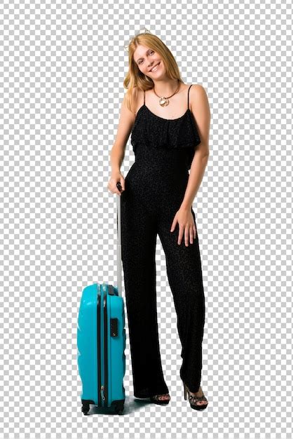 Fille Blonde Voyageant Avec Sa Valise Debout Et Pensant à Une Idée Tout En Levant Les Yeux PSD