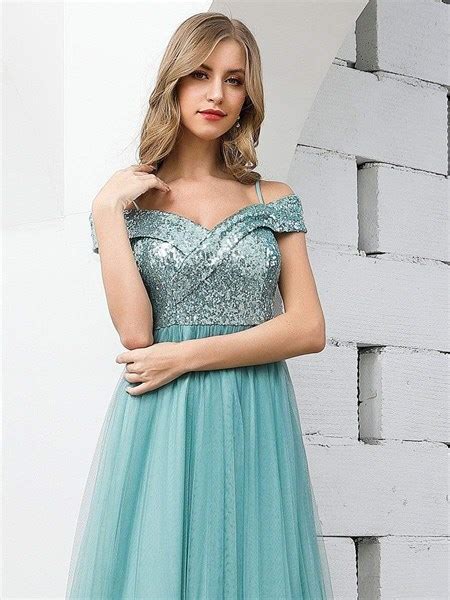 Blue Off The Shoulder V Neck Sequin Top Tulle Bottom Bridesmaid Dress