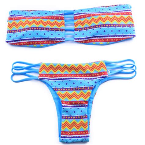 Fashion Blue Wave Line Print Chest Hollow Back And Bottom Polyline Two Piece Bikini On Luulla