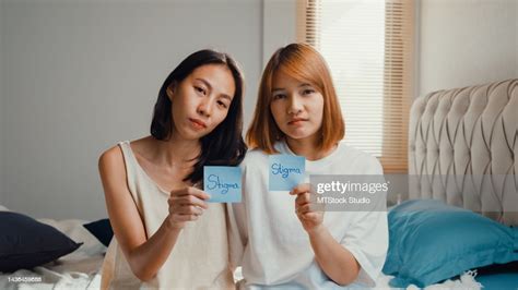 Young Beautiful Asian Lesbian Lgbt Lady In Bedroom Happy Girls Show Sticky Note Stop Stigma For