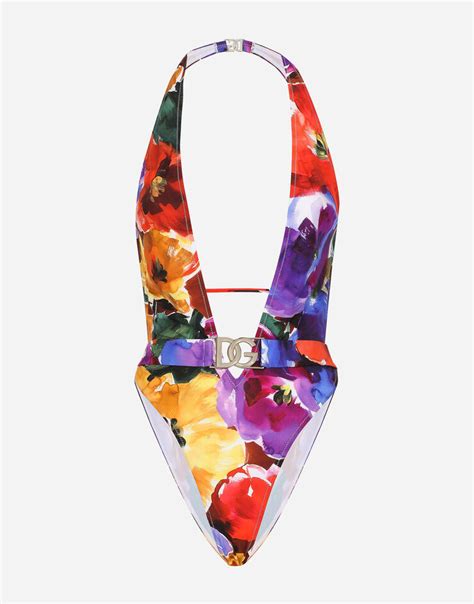 Belted One Piece Swimsuit With Abstract Flower Print In Print For Women Dolceandgabbana®