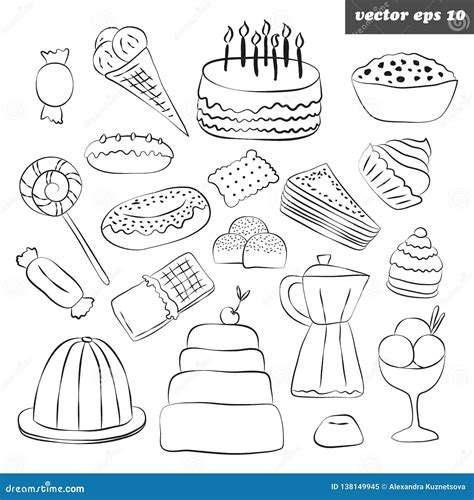 Set Of Sweets With Outlined Hand Drawn Elements Stock Vector