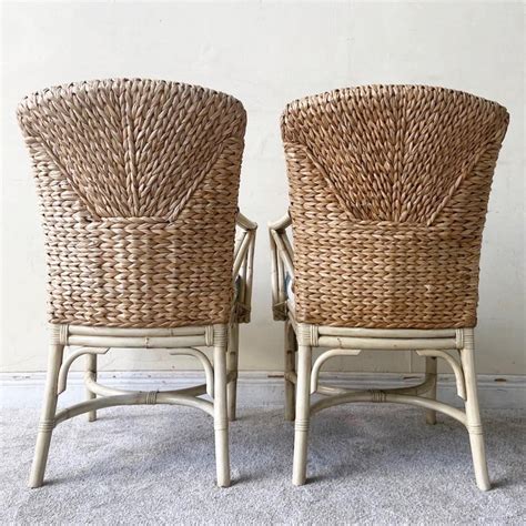 Boho Chic Bamboo Rattan And Sea Grass Dining Chairs Set Of 4 For Sale