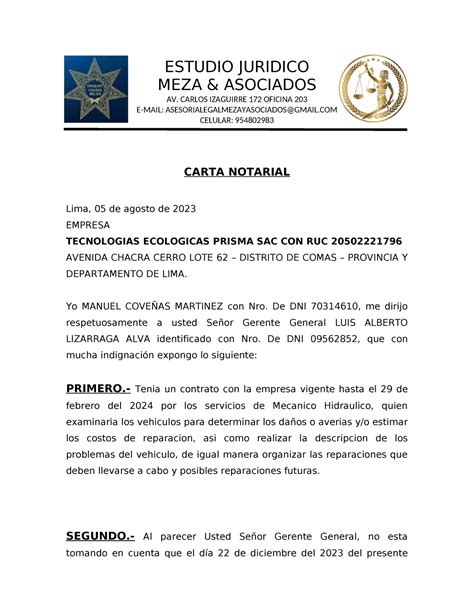 Carta Notarial Sr Cove As Carta Notarial Lima De Agosto De