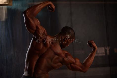 African American Male Body Builder Posing Studio Background Back View