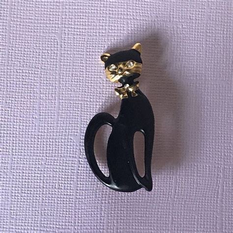 Vintage Black Cat Pin Black Cat Brooch Rhinestone Eyes Halloween Cat