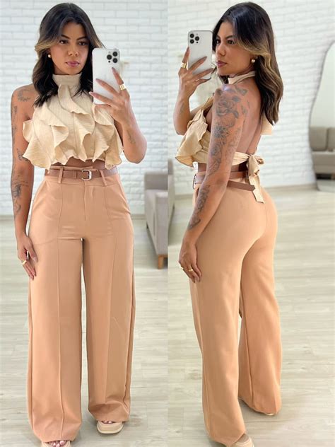 Calça pantalona alfaiataria c cinto nude Hyorrana