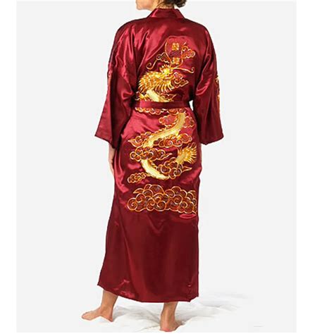 Burgundy Chinese Men S Satin Silk Robe Embroidery Kimono Bath Gown Dragon Nightwear S M L Xl Xxl