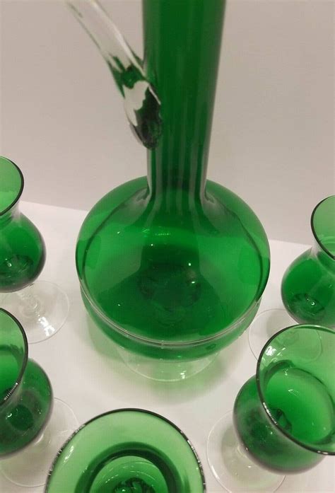 Vintage 1960 S Murano Venetian Emerald Green Hand Blown Wine Decanter W 5 Glass Etsy