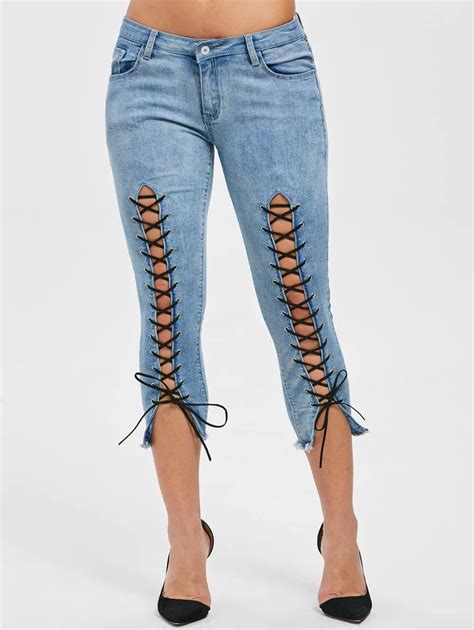 Capri Lace Up Jeans Female 2017 Middle Waist Sexy Pants Capris Leggings