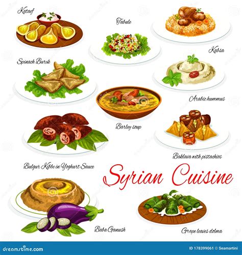 Syrian Food Of Vegetable Meat And Dessert Dishes Stock Vector