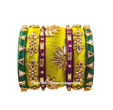 Yaalz Silk Thread Kundan Stone Partywear Bangle Set In Purplish Pink