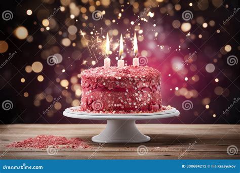 Pink Birthday Cake With Candles And Confetti Celebration Dessert For