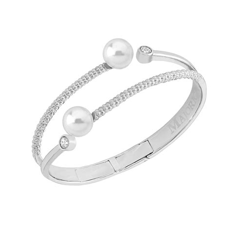 Majorica Brazalete Rigido Acero Doble Perlas De Mm