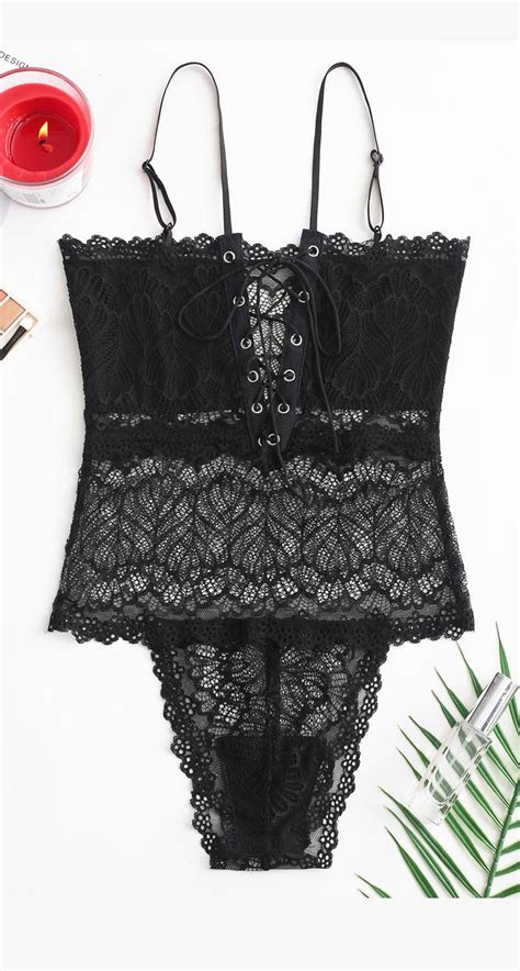 Scalloped Lace Up Lace Lingerie Teddy Black Style Sexy Material