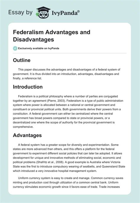 Federalism Advantages And Disadvantages Words Essay Example