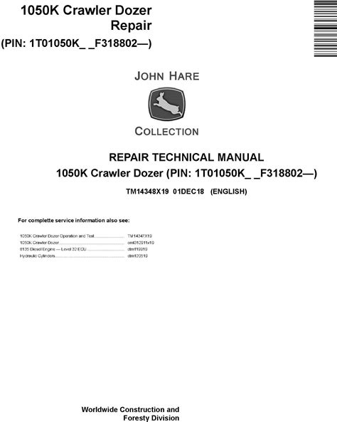 John Deere Crawler Dozer 1050k Sn F318802 Service Repair Technical