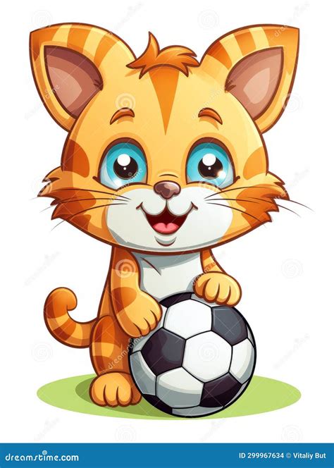 Cartoon Sticker Cute Kitten Football Player With A Soccer Ball Ai