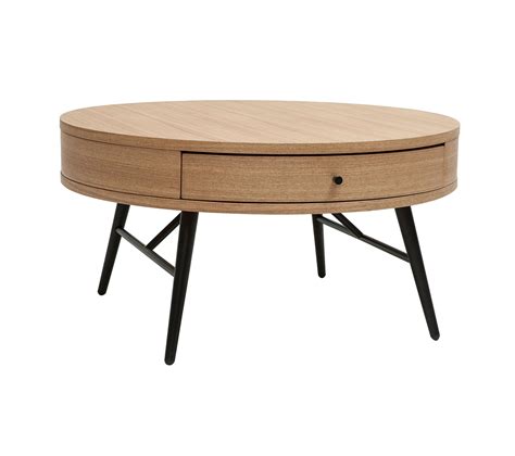 Table Basse Ronde Avec Tiroir Bois Clair Et Métal Noir D82 Cm Koral