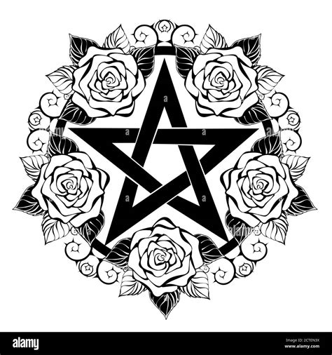 Pentagrama Negro Con Contorno Rosas Art Sticamente Dibujadas Con Hojas