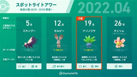 ポケモンgo攻略＠gamewith On Twitter 【本日はスポットライトアワー開催日】 期間：4月19日火18時〜19時 出現